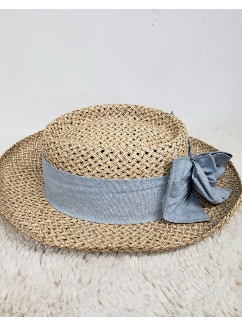 Natural Straw Boater Hat with Light Blue Band - Picture 5 of 9